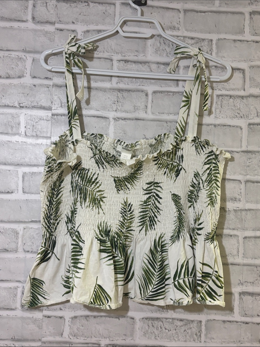 H&M Palm-Print Tie-Strap Smocked Cami in Cream and Green, XL